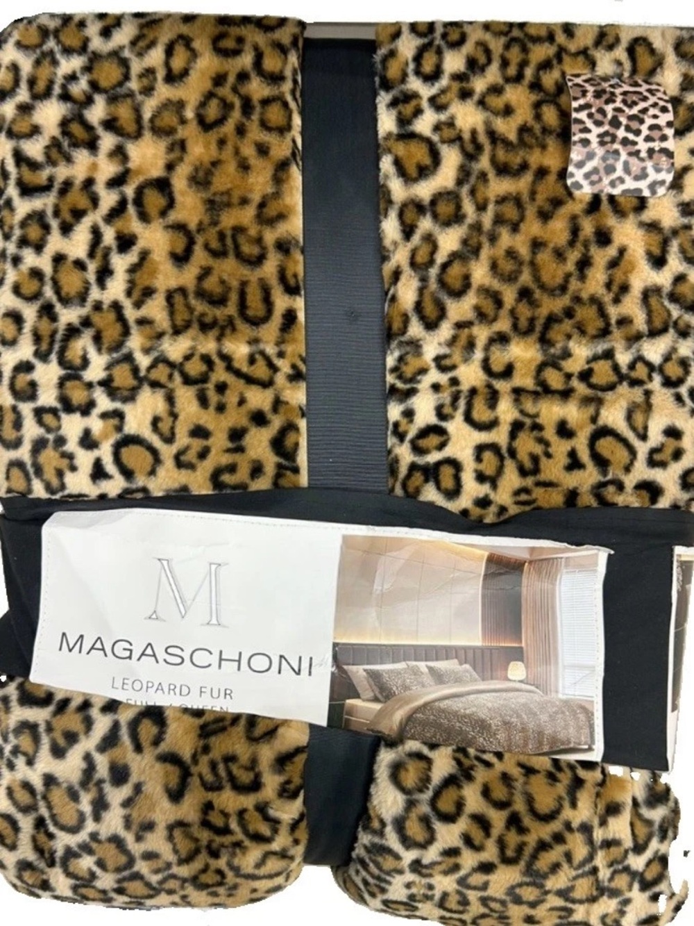 Magaschoni Luxury Leopard Brown and Black Faux Fur Queen Comforter Set 90”x90”
